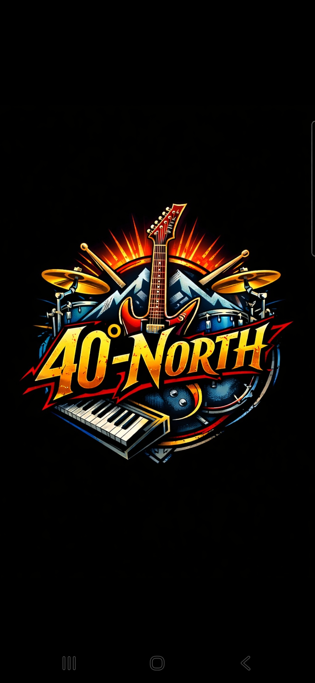 40 Degrees North band logo with guitar, drums, keyboard, and mountains